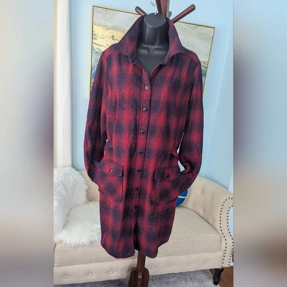 Vintage Pendleton Plaid 100% Virgin Wool Shirtdress Long Sleeve Made In USA XL - Picture 3 of 15